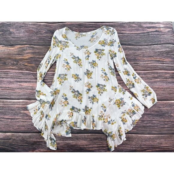 Entro Sz S Womens Floral Print Tunic Top Peasant Blouse Ruffle Asymmetrical Hem - Picture 1 of 7